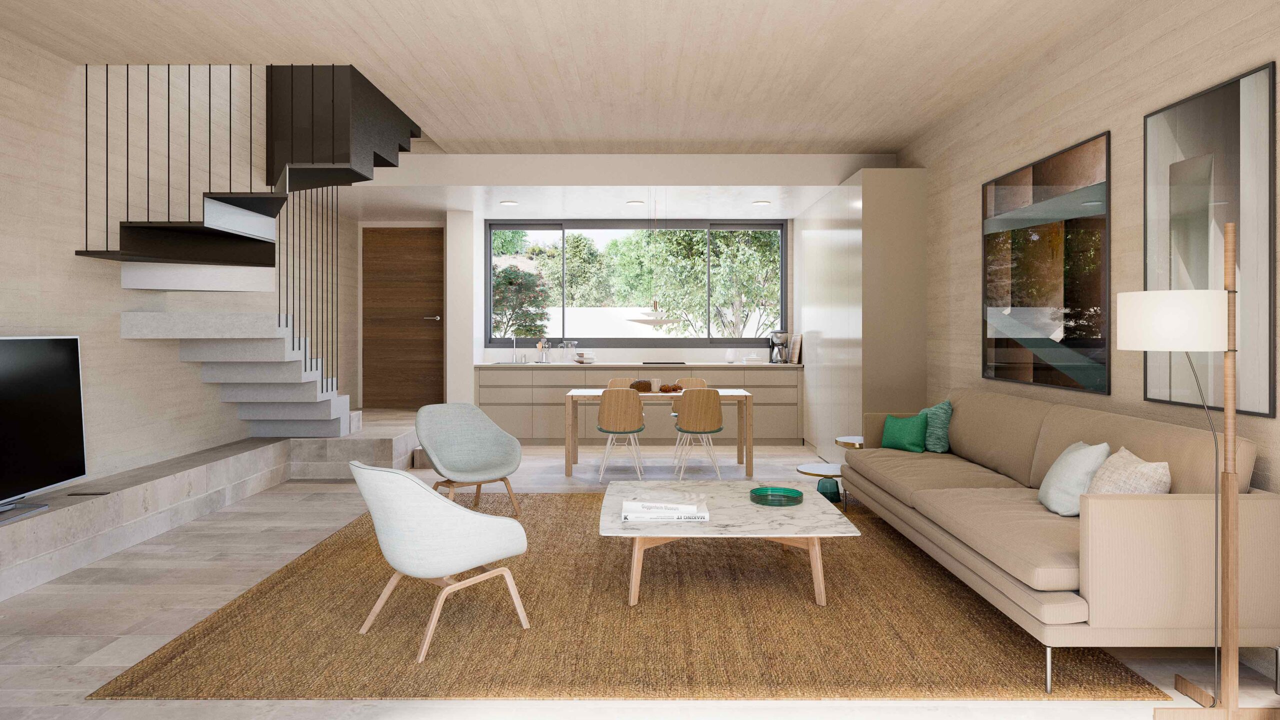 Minthis_CGI_Ezousa Suites_Oleander duplex_living area _ kitchen